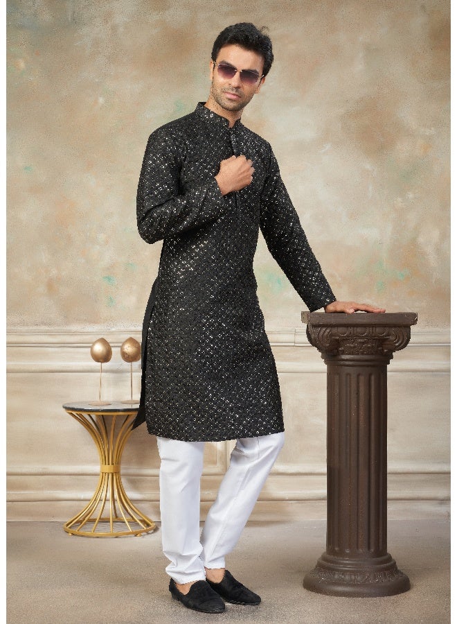 OUTLUK Black Cotton Kurta Pajama for Men - Image 3